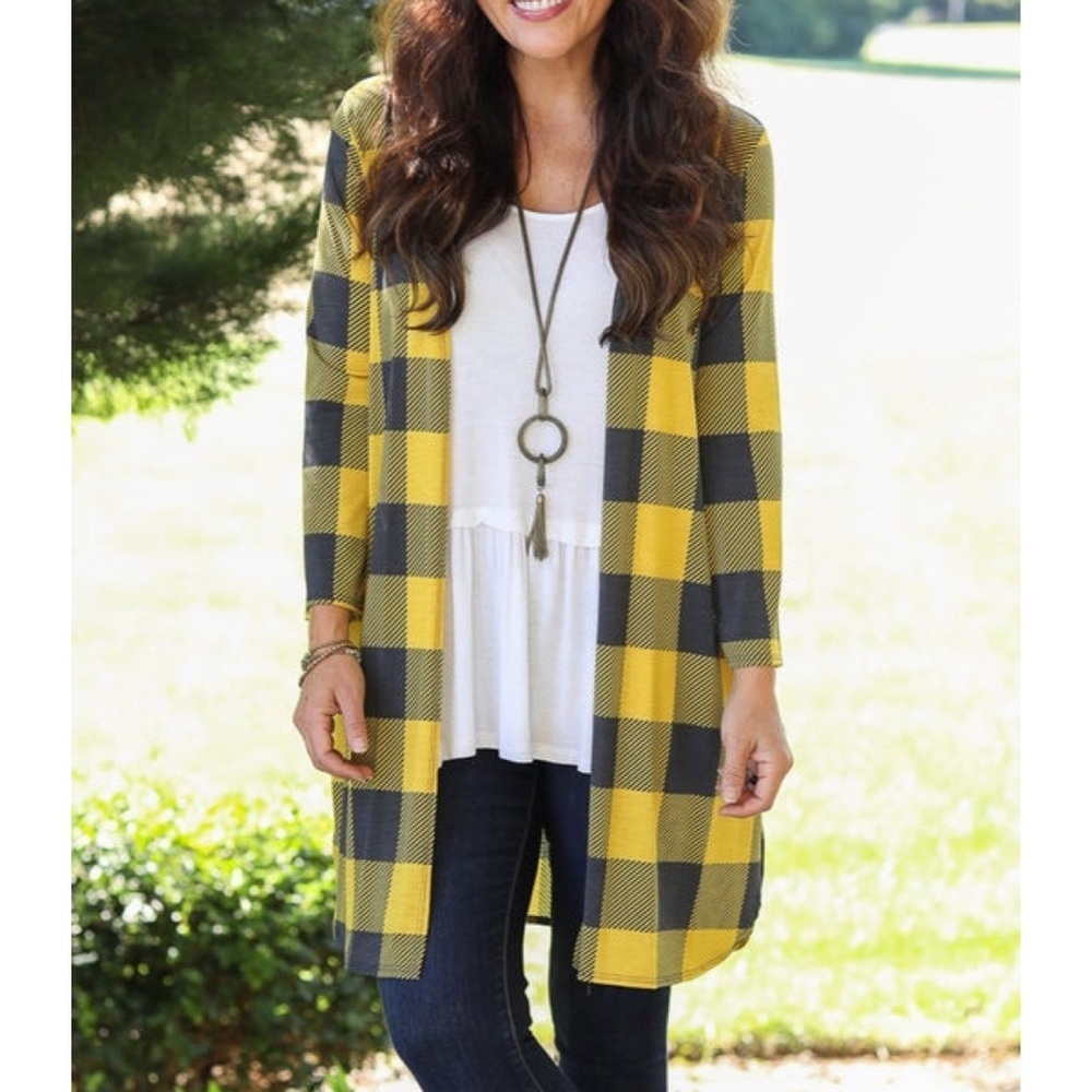 Heimish mustard/charcoal plaid cardigan